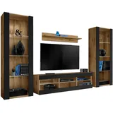 komodee Wohnzimmerset, Eiche Wotan, Schwarz, Holzwerkstoff, 9 Fächer, Rechteckig, 250x159x35 cm, Wohnzimmer, Wohnwände, Wohnwand-Sets