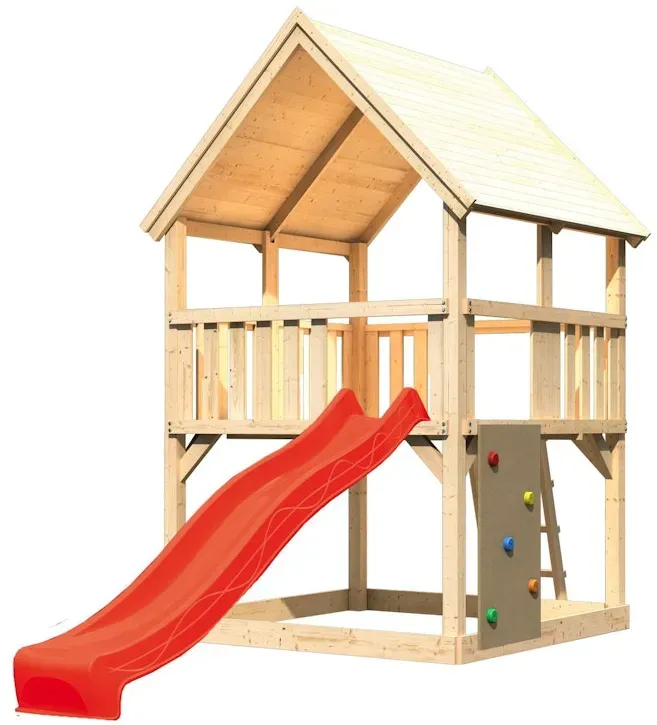 Akubi Kinderspielturm Luis mit Wellenrutsche rot und Kletterwand