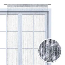 Wometo Faden-Vorhang Glitzer-Vorhang 90x245 - silber-silber glänzender Deko Schal transparent halbtransparent Weihnachten