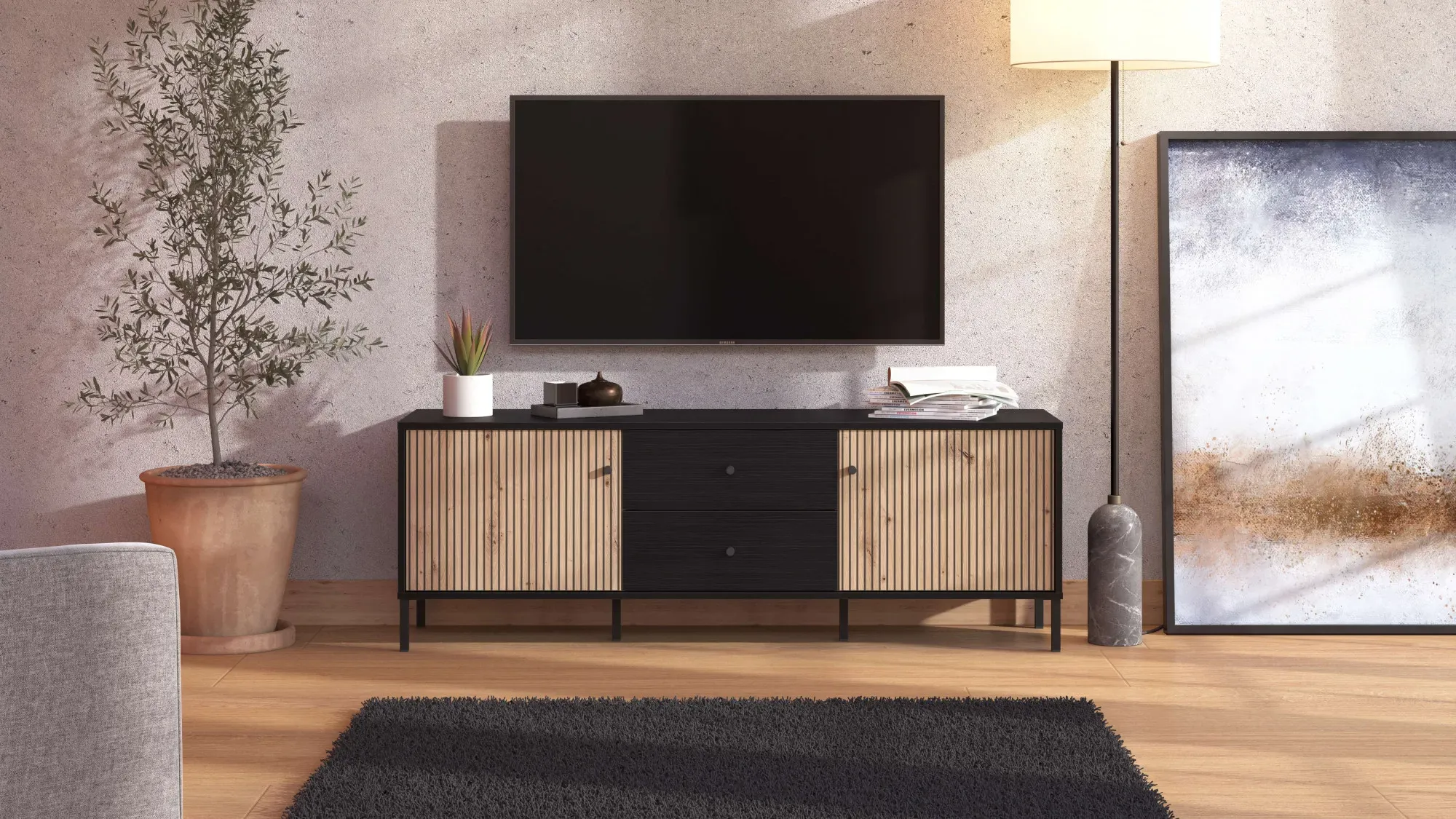 TV-Board INOSIGN "Correze, Lowboard, TV-Schrank, TV-Ständer, Breite 157 cm" Sideboards Gr. B/H/T: 157cm x 54,5cm x 40cm, Schwarz, 2 St., schwarz mit 4 geschlossenen Fächern, 2 Türen, Holzoptik