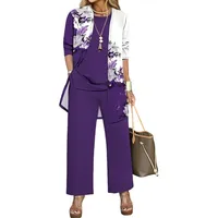 sliemxm Hosenanzug Damen Festlich Elegant 3-Teiliges Drucken Große Größen Hosenanzüge Set 3/4 Ärmel Freizeitanzug 3 Teilig Brautmutter Hosenanzug für Hochzeit - XL