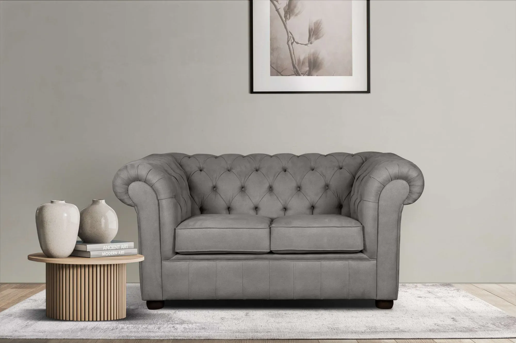 2-Sitzer HOME AFFAIRE "CHARENTE, Chesterfield-Sofa, Wellenfederung, Maße: B/T/H: 147/89/74 cm", grau (hellgrau), B:147cm H:74cm T:89cm, 100% Polyester, Sofas, mit edler Knopfheftung und typischen Armlehnen