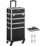 SONGMICS Alu Trolley, Kosmetikkoffer mit Rollen, Friseurkoffer, Schminkkoffer ohne Inhalt, Handgepäck, Beauty Case, 4 in 1, XXL, schwarz JHZ06B