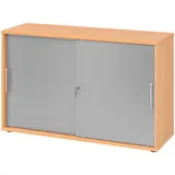 bümö Schiebetürenschrank 2OH - Aktenschrank abschließbar, Sideboard Schrank mit Schiebetüren in Buche/Silber, Relinggriff - Büroschrank aus Holz mit