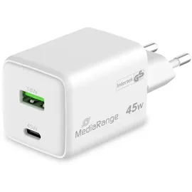MediaRange 45W GaN Schnellladeadapter (EU-Stecker), 1x USB-C und 1x USB-A, unterstützt USB-C® Power Delivery und Quick ChargeTM, Weiß