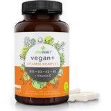 VITALKRAFT Vegan+ Vitamin-Komplex-hochdosierte Kapseln mit den Vitaminen B12 + D3 + K2 + B2 + Vitamin C/Laktosefreie und glutenfreie Nahrungsergänzung speziell für Veganer und Vegetarier