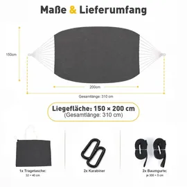 Sekey Hängematte mit Karabinern Tragetasche aus Baumwolle Doppelhängematte für Outdoor, bis 200 kg Belastbar, für Garten, Balkon Terrasse Indoor ... - Grau