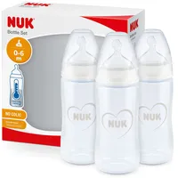 NUK First Choice+ Babyflasche im Set | 0–6 Monate | Temperature Control Anzeige | Trinksauger aus Silikon | Anti-Colic-Ventil | BPA-frei | 150 ml | Grau und Weiß | 3 Stück