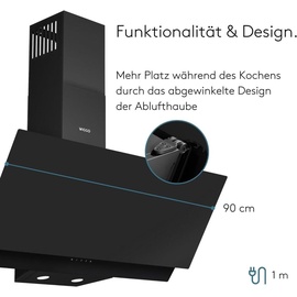 Wiggo Dunstabzugshaube 90cm kopffrei I Abluft Umluft Dunstabzug 626m3/h - Touch-Display 4 Stufen I Energieeffizienzklasse A Schräghaube ... - Schwarz