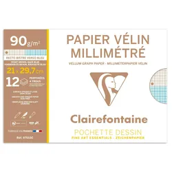 Clairefontaine 10x Millimeterpapier Velin A4, Packung mit 12 Blatt 90g, 4-fach gelocht - 97553C