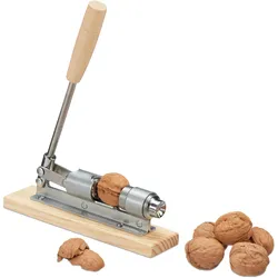 Relaxdays Retro Nussknacker Holz, Nutcracker, größenverstellbar, kraftsparend Nüsse öffnen, Hebel, Metall, silber/natur