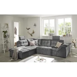 Ecksofa ED EXCITING DESIGN "Estrella L-Form", grau, B:283cm H:107cm T:217cm, 100% Polyester, Sofas, mit Bettkasten, Schlaffunktion, Kopfstützen, Armteilverstellung