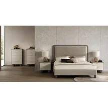 JVmoebel Grau-Beige Loft Schlafzimmer Garnitur Textilbett 2x Holzkommoden