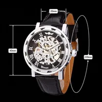 Skelettiert Mechanisch Armbanduhr Transparent Schwarz Stahl Real Leder Junge Uw