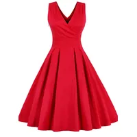 Damen Rockabilly Kleid Vintage 50er Jahre Sexy V-Ausschnitt mit Wickelausschnitt A Plissee Partykleid - M