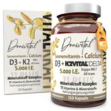 Vitamin D3 5000 I.E. + K2 Kappa K2Vital DELTA MK7 99,7% All-Trans + hochaktives Calcium. D3 K2 Kapseln - 11 Vitalstoffe für Knochen, Muskeln, Stoffwechsel und Immunsystem - 120 Stück Vegan