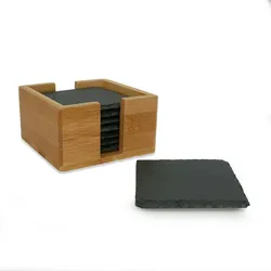 Intirilife 11-teiliges Untersetzer Set aus Schieferstein in Schwarz mit Bambushalterung und Kreidestiften zum Beschriften mit Kreide