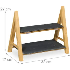 Relaxdays Etagere, 2 Etagen, mit Schieferplatten, HBT 27x32x17 cm, rustikaler Servierständer, Bambus-Gestell, natur/grau