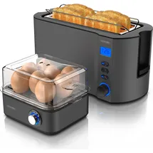 Arendo Frühstücks-Set, 8er Eierkocher + Langschlitz Toaster für 4 Scheiben, Grau