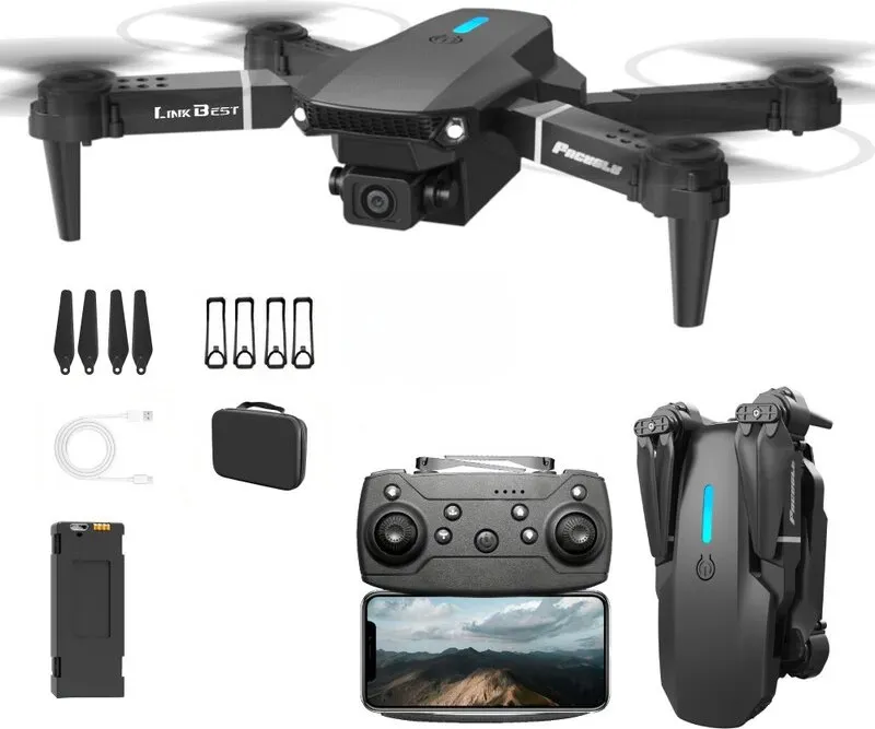 FACEGLE E88 Pro Drohne mit optischer Stabilisierung und barometrischem Druck, leichtem faltbarem Gehäuse, Front-LED-Licht, 360° automatischer Rolle - ideal für Anfänger (FPV Mini-Drohne FPV) (Schwarz)