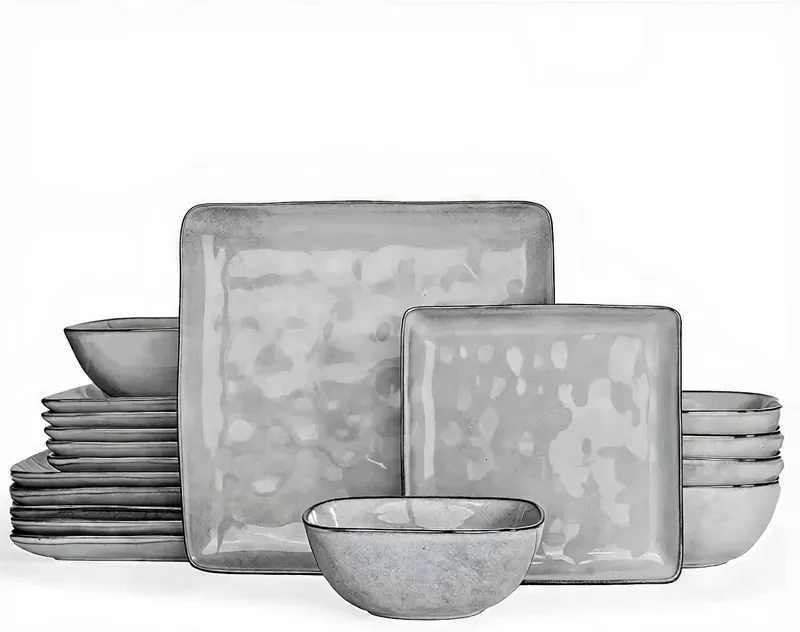 Richmount Ocean-Serie Geschirrset – 18-teilig, quadratisch, für 6 Personen, Keramik, mit Servierschalen, Salattellern und Müslischalen, spülmaschinen- und mikrowellengeeignet, grau