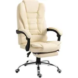 Homcom Chefsessel Bürostuhl mit Fußstütze, Schreibtischstuhl mit Neigefunktion, Höhenverstellbarer Computerstuhl mit Armlehne, Drehstuhl für Büro, Kunstleder, Creme