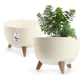 Kadax Blumentopf aus Kunststoff mit DREI Einsteckstützen, runde Blumenschale, Pflanzkübel, Blumenkübel, Pflanzschale für Balkon, Wohnzimmer (33 cm Ø/Creme)