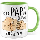 Tasse personalisiert Vater Geschenk, Bester Papa der Welt Name & Name Geschenkidee Vatertag Kaffeetasse mit Spruch Kaffee-Becher eigene Namen personalisierbar Sohn Tochter Geburtstag (Weiß/Grün)