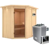 Karibu Sauna-Set Cleo inkl. Edelstahl-Ofen 9 kW mit ext. Steuerung, Dachkranz