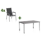 KETTLER Cubic/ Basic Plus Padded Garten-Essgruppe, silber/anthrazit, Alu/Textilene, Tisch 160x90 cm, 4 Stapelsessel