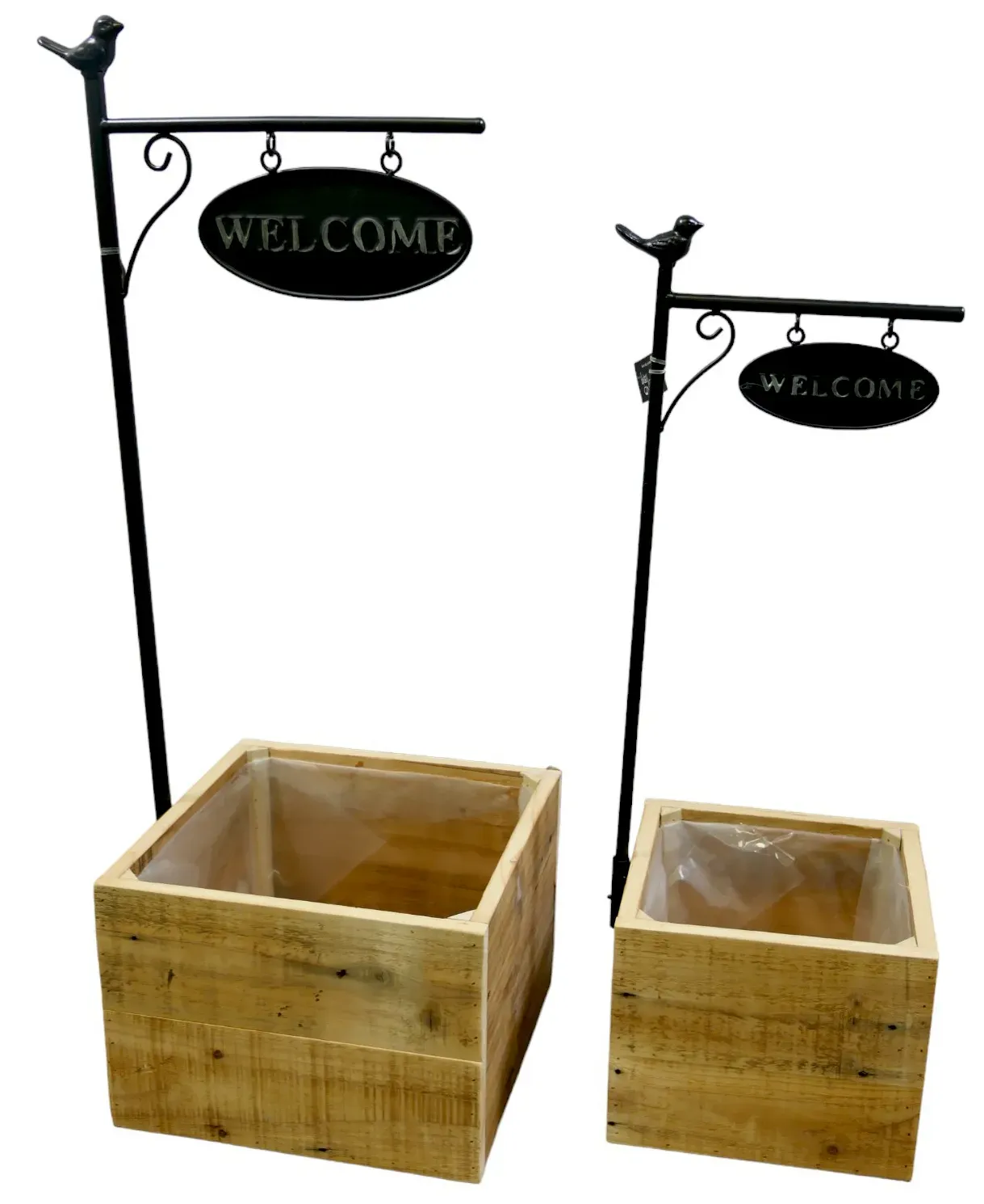 Kasten Holz S/2 23x21x65/29x28x76cm mit Metallschild  - natur/schw
