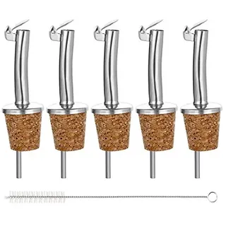 Incutex 5x Flaschenausgiesser mit Kork & Deckel und 1x Reinigungsbürste, Ausgießer für Flaschen, Öl-ausgießer Spirituosen Wein Likör Essig