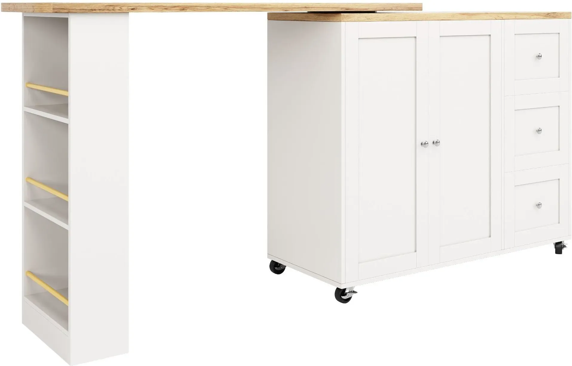 360° drehbare ausziehbare Kücheninsel, mit 3 Schubladen, 2 Türen und seitlichem Snackregal, 135-203x39x106 cm, Weiß