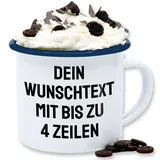 Emaille Tasse Blechtasse - Aufdruck selbst gestalten - Wunschtext - 300 ml - Weiß Blau - 4 zeilen beschriften becher personalisierte kaffeebecher name personalisieren emaille-tasse kindergarten