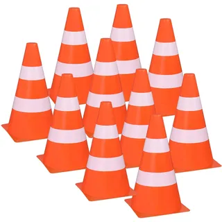 IDENA Pylonen 10 Stück, Warn-Kegel aus Kunststoff in Orange mit weißen Streifen, ca. 15,5 cm hoch, stapelbar, Verkehrshütchen für Sport, Freizeit, Slalom, Fußball und Vereine