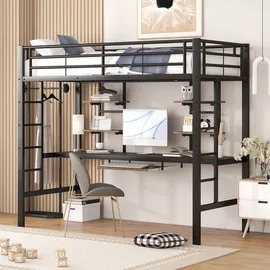 XDOVET Hochbett mit Schreibtisch und zwei Bücherregalen 90 x 200 cm MDF schwarz