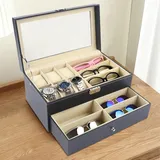 NaMaSyo Uhrenbox, Display Uhren- und Sonnenbrillen-Schmuckbox, 6 Uhrenbox-Schmucketui und 9 Slots Sonnenbrillen-Organizer, Brillenetui Uhren- und Sonnenbrillen-Box für Herren Damen