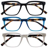 OPULIZE KOI Lesebrille 3er Pack - Große Rechteckige Brillenfassung - Schwarz-Blau-Grau - Damen Herren Unisex - Federscharniere - RRR50-137 - +3.50
