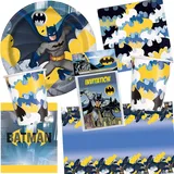Carpeta 101-teiliges Party Set * Batman * für Kindergeburtstag mit 8 Kinder: Teller, Becher, Servietten, Einladungen, Tischdecke, Trinkhalme, Luftschlangen, Ballons | Kinder Party Deko