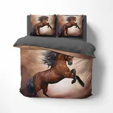 FEBE 3D Bettwäsche Pferd Bettbezug-Set 135x200 + Kissenbezug 80x80 cm Wendebettwäsche 2 Teilig mit Reißveschluss