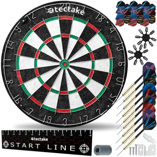Tectake Dartscheibe, aus robustem Sisal mit ultradünnem Draht, extra breiter Fangring, Zubehör aus Anspitzer, 16 Flight-Schützern und Startlinie