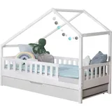 Mid.you Hausbett, Weiß, Textil, Birke,Kiefer, Schichtholz, H2, Höhe ca. 16 cm, seitenverkehrt montierbar, 100x200 cm, transformierbar, nur für Rollroste geeignet, bodentiefer Einstieg, Kinder- & Jugendzimmer, Kindermöbel, Kinderbetten, Hausbetten