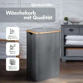 Björn&Schiller Wäschekorb hoch, und schmal, grau mit Deckel, 2 Fächer, 40x33x69 cm, Wäschesammler mit Bambusrahmen, platzsparend, 100L, - Grau/Dunkelgrau