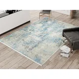 OCI DIE TEPPICHMARKE Teppich BESTELLER CAVA, rechteckig, Höhe: 8 mm, Glanz Viskose, mit Fransen, Hoch Tief Struktur, Vintage, Wohnzimmer blau 300 cm x 400 cm x 8 mm