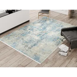 OCI DIE TEPPICHMARKE Teppich BESTELLER CAVA, rechteckig, Höhe: 8 mm, Glanz Viskose, mit Fransen, Hoch Tief Struktur, Vintage, Wohnzimmer blau 300 cm x 400 cm x 8 mm