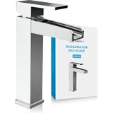 Bächlein Badarmatur Sotira hoch in Bachlauf-Design, extra hoher Einhebelmischer mit Montage-Set für Aufsatzwaschbecken, Bad Wasserhahn Chrom