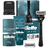 Gillette Intimate Intimpflege Rasierset für Männer (177 ml), Rasier- und Duschcreme für den Intimbereich + Anti-Scheuer-Stick, reduziert Reibungen und Hautreizungen + Rasierapparat mit 2 Klingen