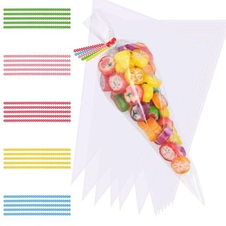 Faburo 100pcs 25x15cm Cone Tüten Süßigkeiten Tütchen Geschenktüten mit 100 Bindebänder für Süßigkeiten Schokolade Bonbons