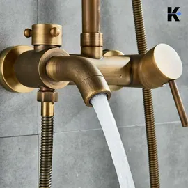 klarwerk JANA | Vintage Regendusche Set Messing unlackiert Edelstahl | Retro Design Duscharmatur Duschsystem | Mischbatterie Dusche komplett mit Handbrause