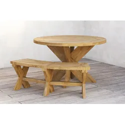 OUTFLEXX Quantum Garten-Essgruppe, natur/Gebürstet, Recycled Teak, Tisch √ò130cm, 1 Bank 153x30cm, Robust & Pflegeleicht
